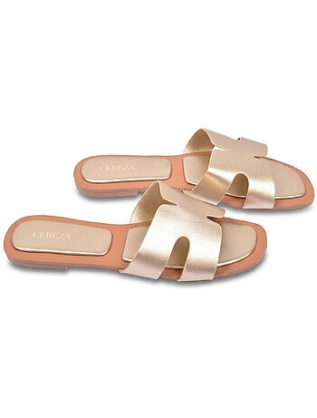 Sandalias Slide H-Strap Cuero Sintético Oro Negro OZABI
