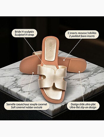 Sandalias Slide H-Strap Cuero Sintético Oro Negro OZABI