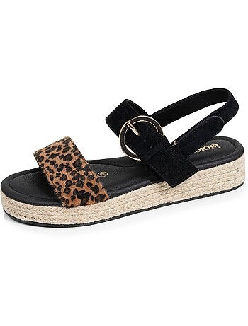 Sandalias suela con memoria de forma, tacón de 3,5 cm, diseño de cuerda y leopardo Isotoner