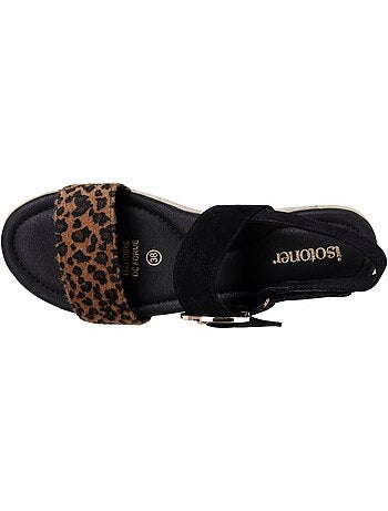 Sandalias suela con memoria de forma, tacón de 3,5 cm, diseño de cuerda y leopardo Isotoner