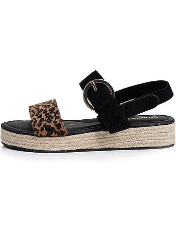 Sandalias suela con memoria de forma, tacón de 3,5 cm, diseño de cuerda y leopardo Isotoner