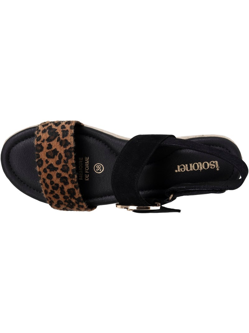 Sandalias suela con memoria de forma, tacón de 3,5 cm, diseño de cuerda y leopardo  Isotoner Negro Negro Blanco - Kiabi