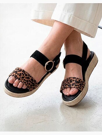 Sandalias suela con memoria de forma, tacón de 3,5 cm, diseño de cuerda y leopardo
