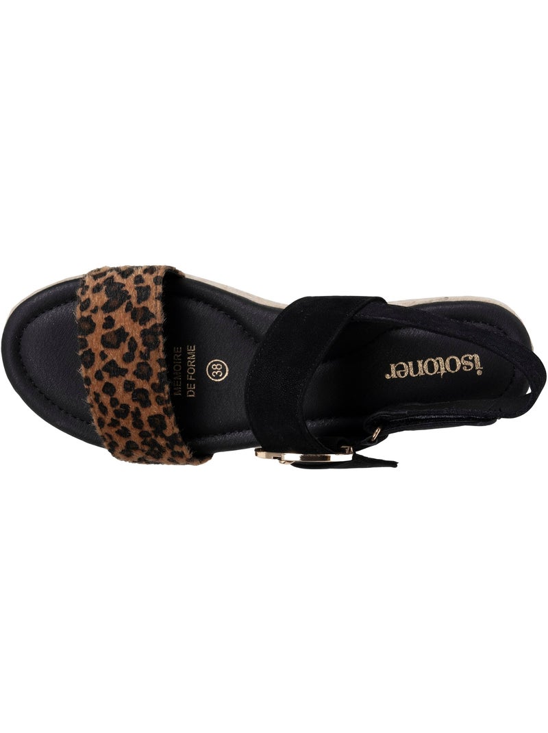 Sandalias suela con memoria de forma, tacón de 3,5 cm, diseño de cuerda y leopardo Negro Negro Blanco - Kiabi