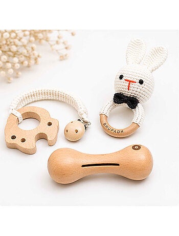 Set de 3 sonajeros de algodón y madera natural | SEVIRA KIDS