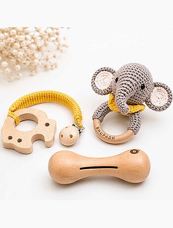 Set de 3 sonajeros de algodón y madera natural | SEVIRA KIDS