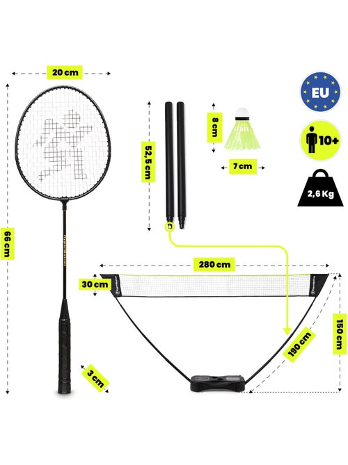 Set de bádminton portátil HyperMotion con red – 2 raquetas, 2 volantes y estuche de transporte - Kiabi Set de bádminton portátil HyperMotion con red – 2 raquetas, 2 volantes y estuche de transporte - Kiabi