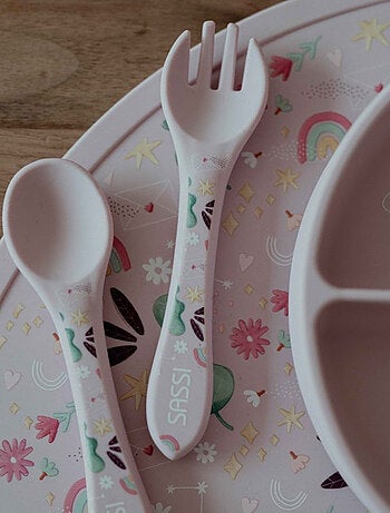 Set de tenedor y cuchara de silicona, animales | Sassi Junior