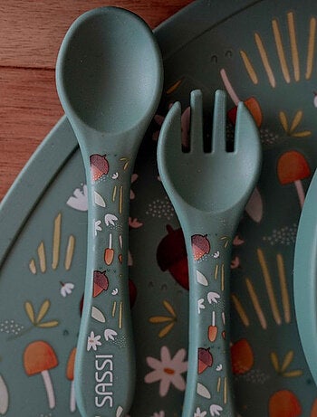 Set de tenedor y cuchara de silicona, animales | Sassi Junior