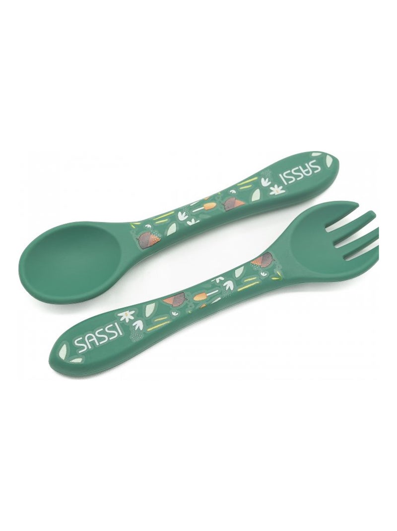 Set de tenedor y cuchara de silicona, animales | Sassi Junior Verde bosque - Kiabi