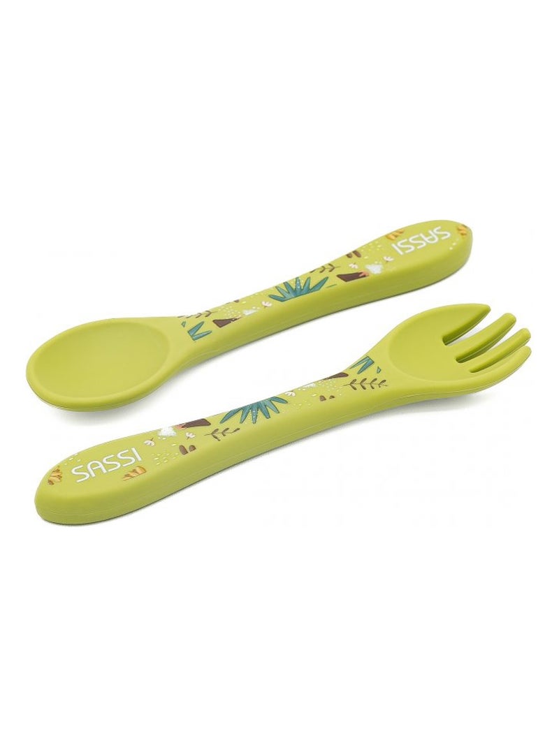 Set de tenedor y cuchara de silicona, animales | Sassi Junior Verde - Kiabi