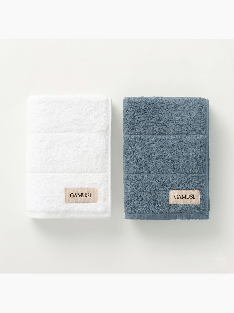 Set de toallas de ducha y lavabo 100% algodón, rizo 600g/m2, con colgador - Gamusi. Blanco Azul - Kiabi