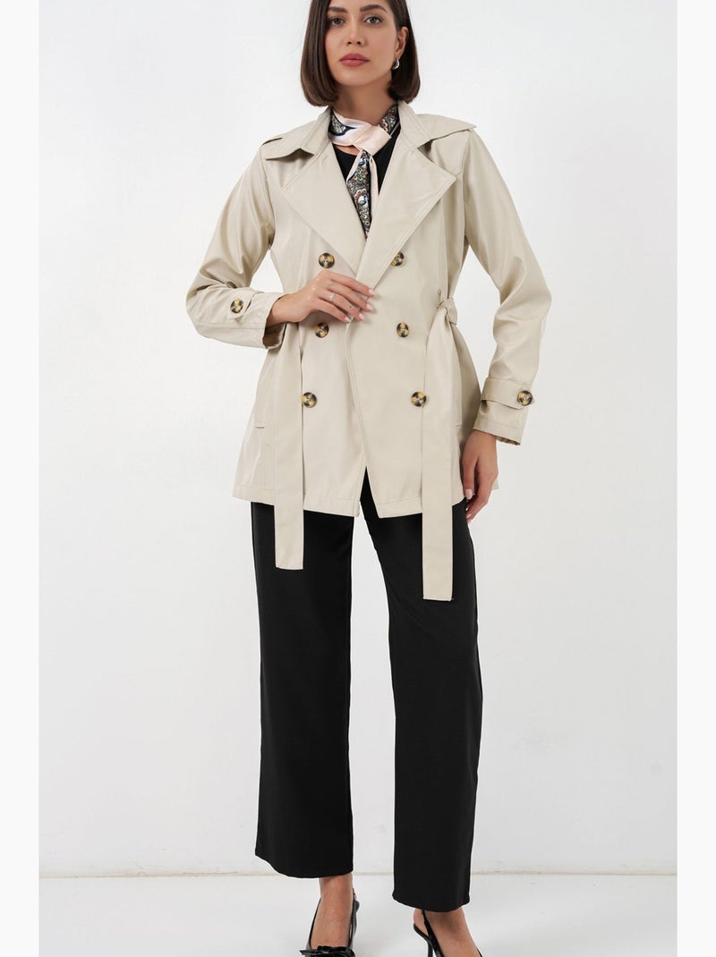 Short belted polyester trench coat with shirt collar bdart Beige arcilla - Kiabi