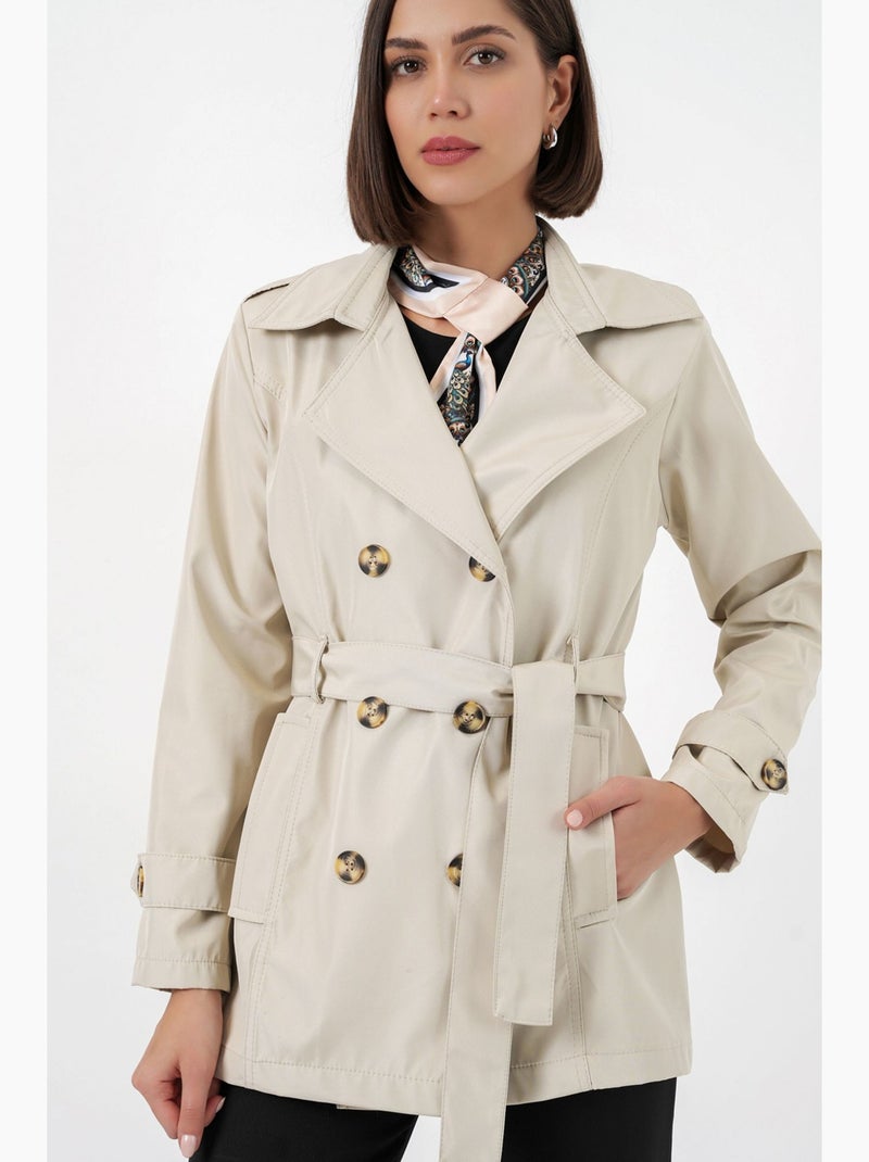Short belted polyester trench coat with shirt collar bdart Beige arcilla - Kiabi