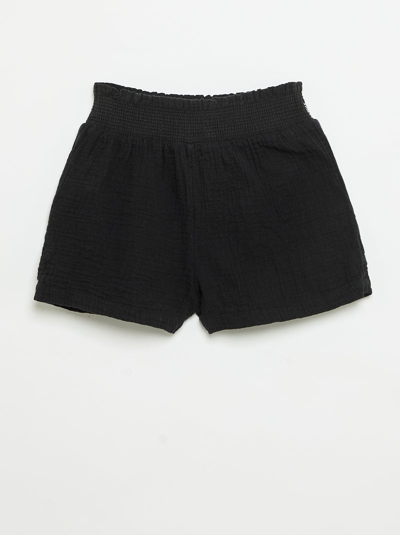 Short bordado de gasa de algodón Negro - Kiabi