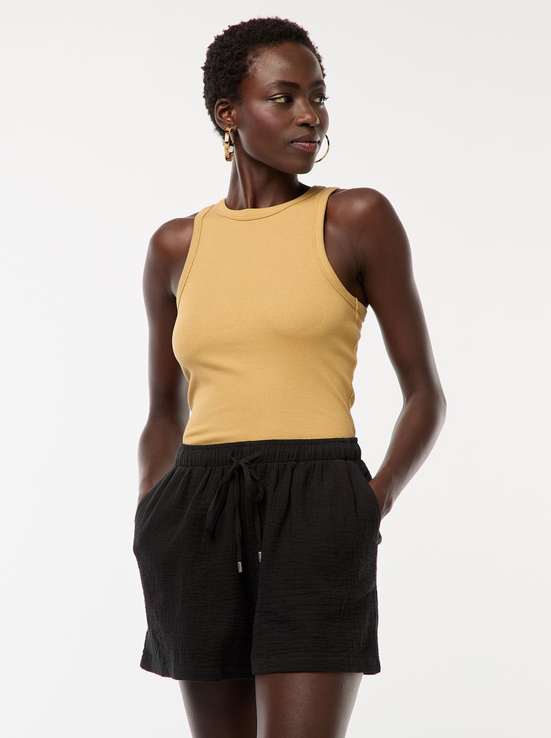 Short de gasa de algodón liso Negro - Kiabi