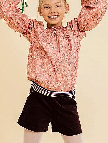 Short de Invierno para Niña | Terciopelo Burdeos Ciruela | Cintura con Lentejuelas | POUPETTE