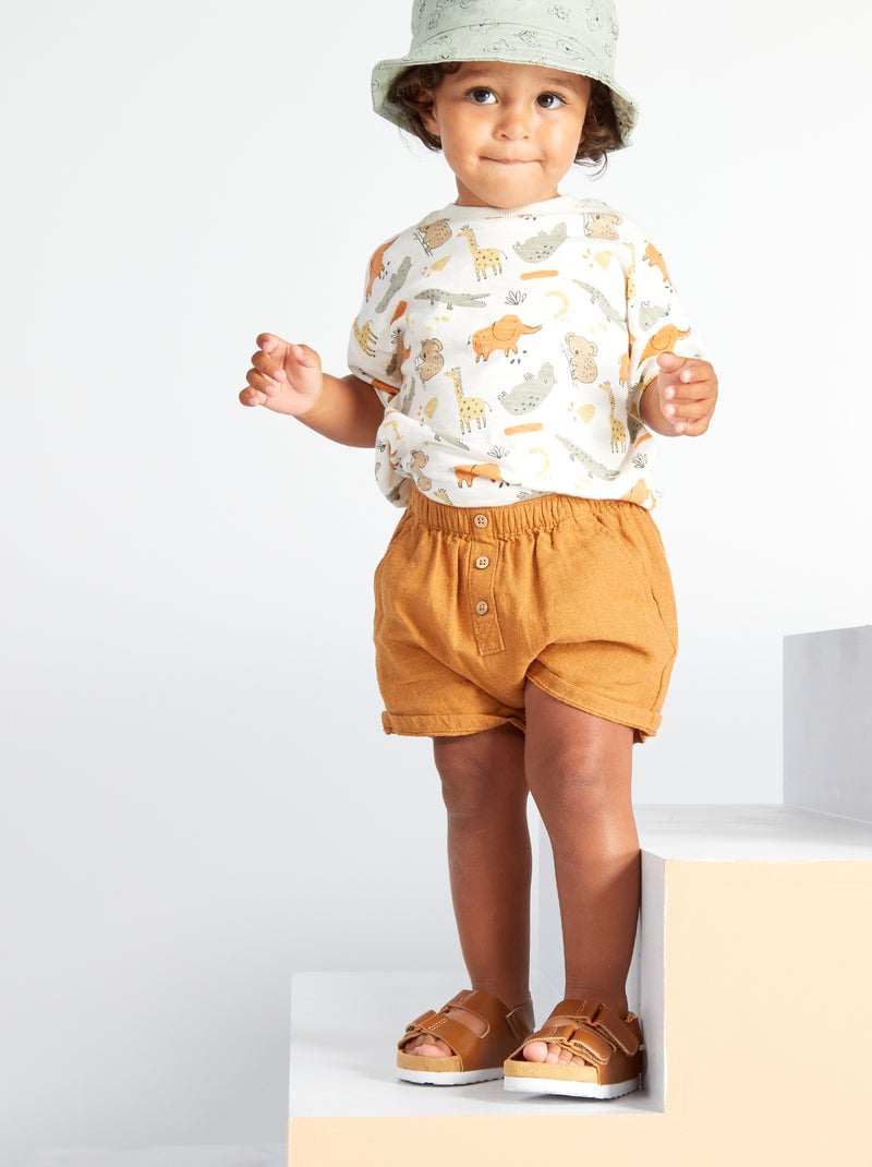 Short liso de algodón y lino marron - Kiabi
