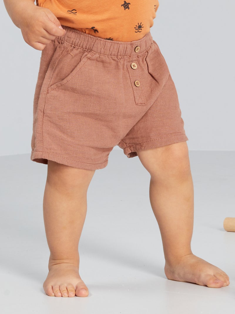 Short liso de algodón y lino MARRON - Kiabi