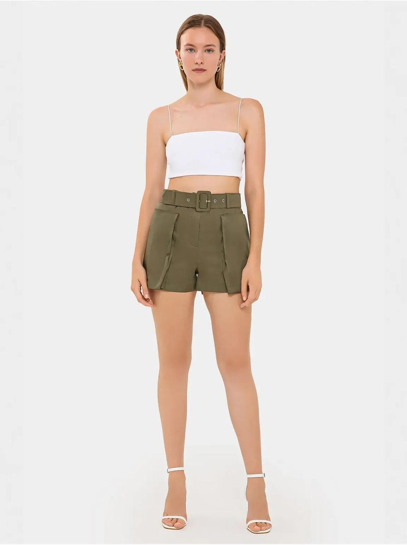 Shorts de algodón de cintura alta con detalle de bolsillo y cinturón hiccup Verde - Kiabi
