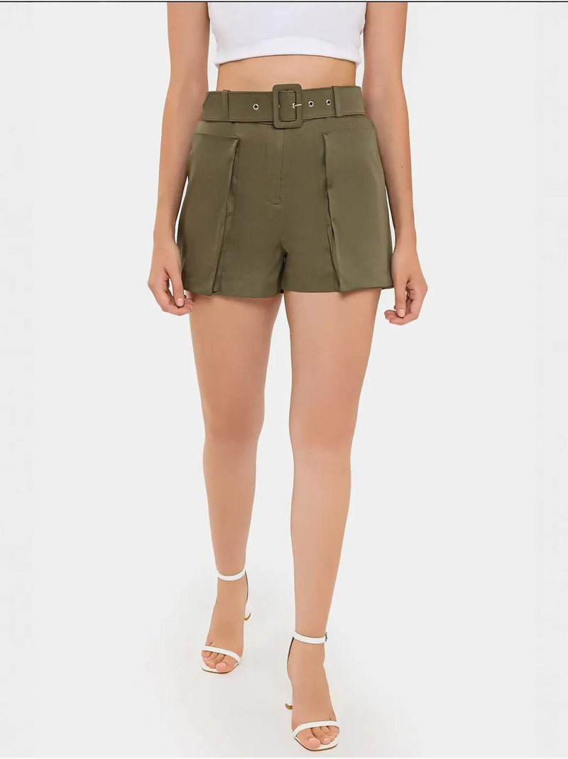 Shorts de algodón de cintura alta con detalle de bolsillo y cinturón hiccup Verde - Kiabi