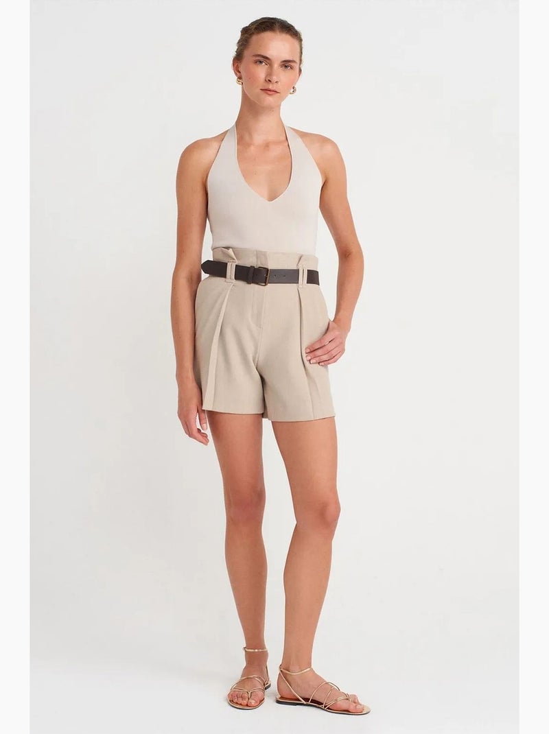 Shorts de crepé sastre a cintura alta con cinturón dilvin Beige arcilla - Kiabi