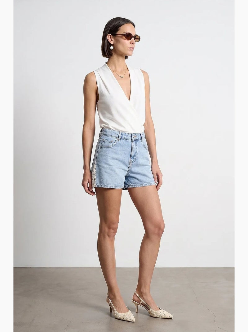 Shorts de denim de lino de tiro alto dilvin Azul claro - Kiabi