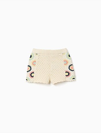 Shorts de punto de algodón con flores de croché