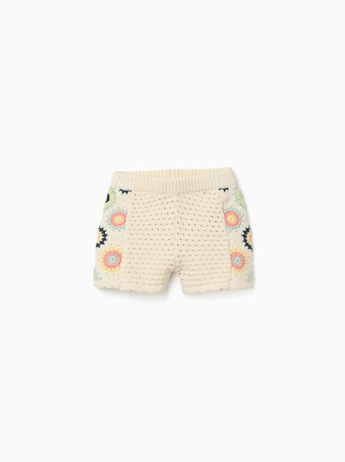 Shorts de punto de algodón con flores de croché - Kiabi