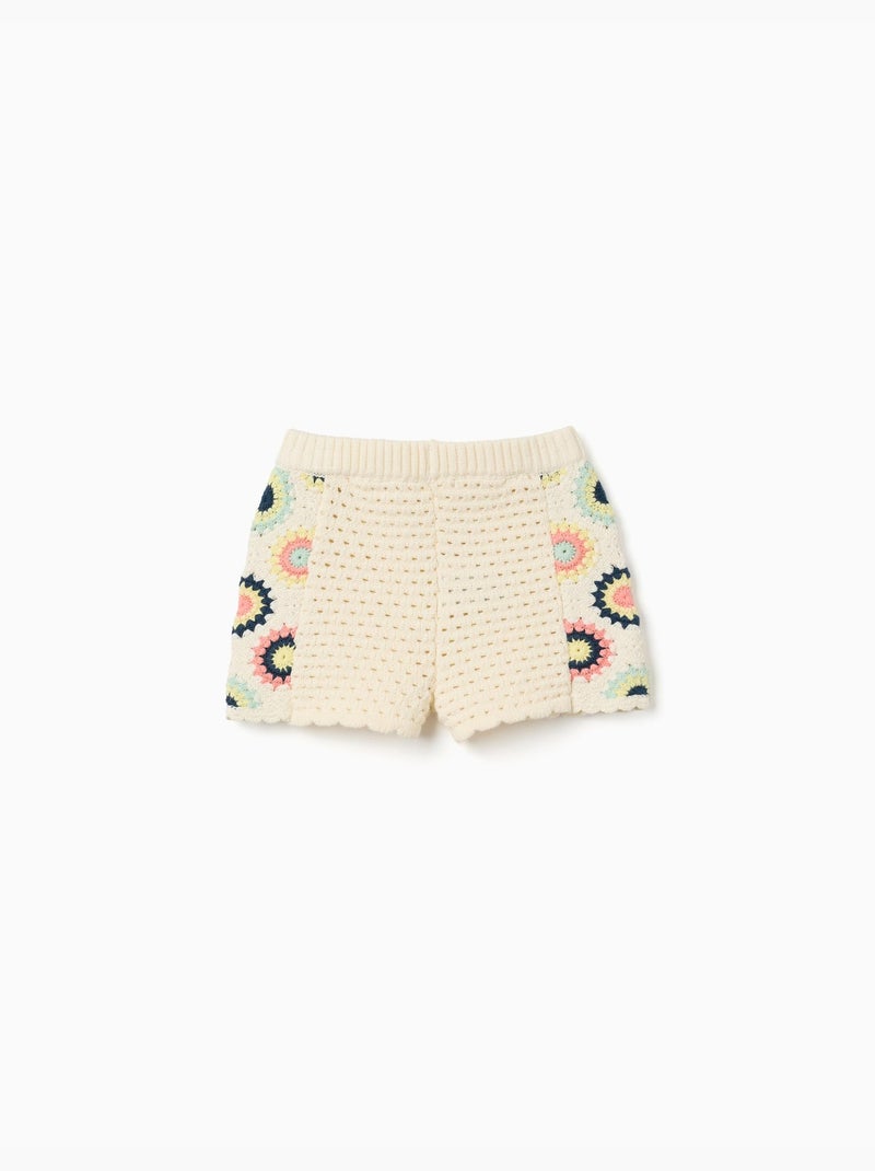 Shorts de punto de algodón con flores de croché Blanco - Kiabi