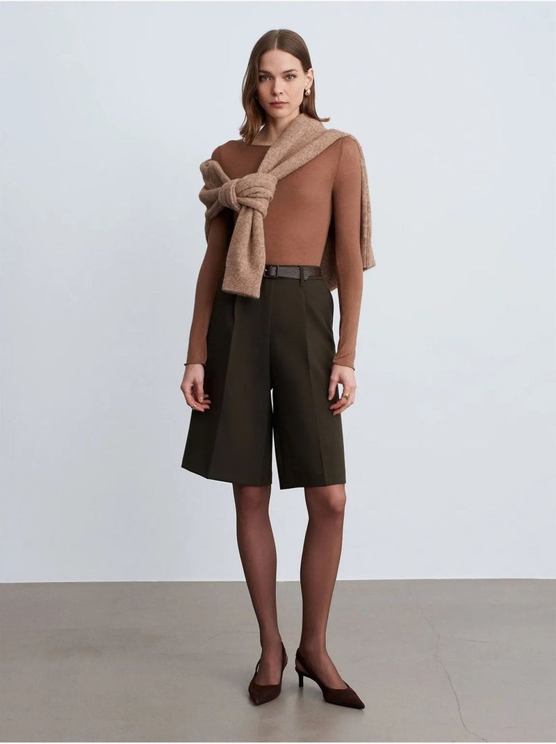 Shorts de tiro alto con cinturón y pernera ancha dilvin Verde caqui - Kiabi