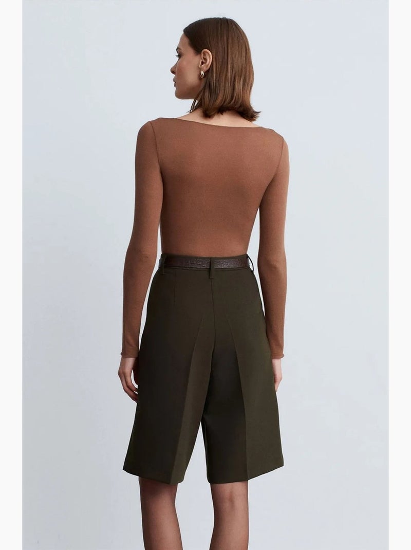 Shorts de tiro alto con cinturón y pernera ancha dilvin Verde caqui - Kiabi