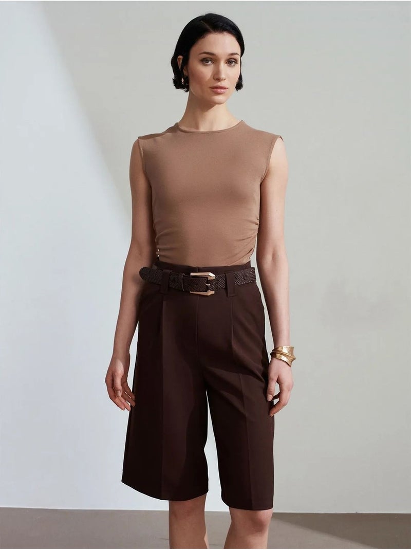 Shorts sastre de pernera ancha con cinturón y cintura alta dilvin Marrón chocolate - Kiabi