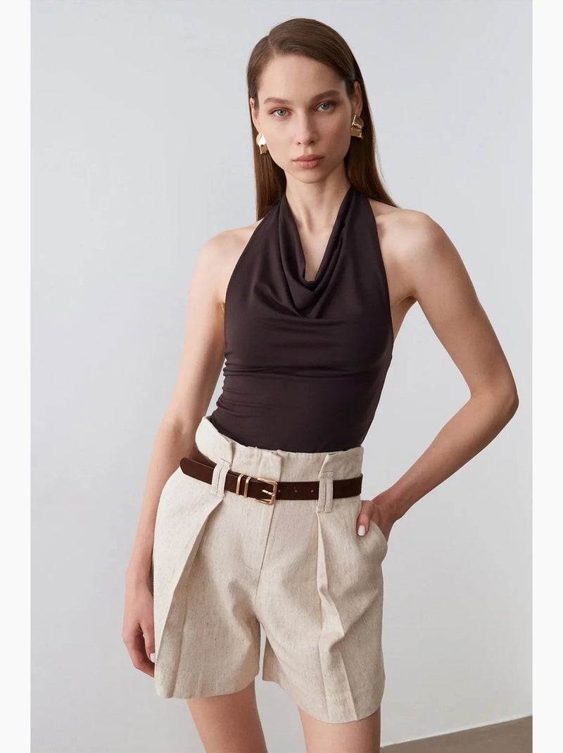 Shorts sastre de tiro alto con cinturón y pernera ancha dilvin Beige arcilla - Kiabi
