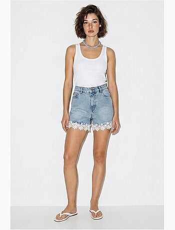 Shorts vaqueros de algodón de cintura alta con detalle de encaje lucci