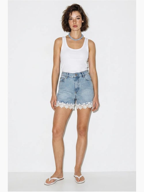 Shorts vaqueros de algodón de cintura alta con detalle de encaje lucci - Kiabi