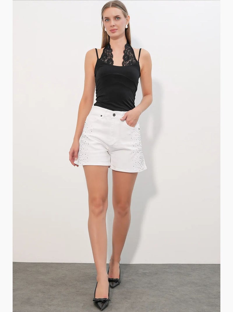 Shorts vaqueros de cintura alta con lunares y cinturón bdart Blanco - Kiabi