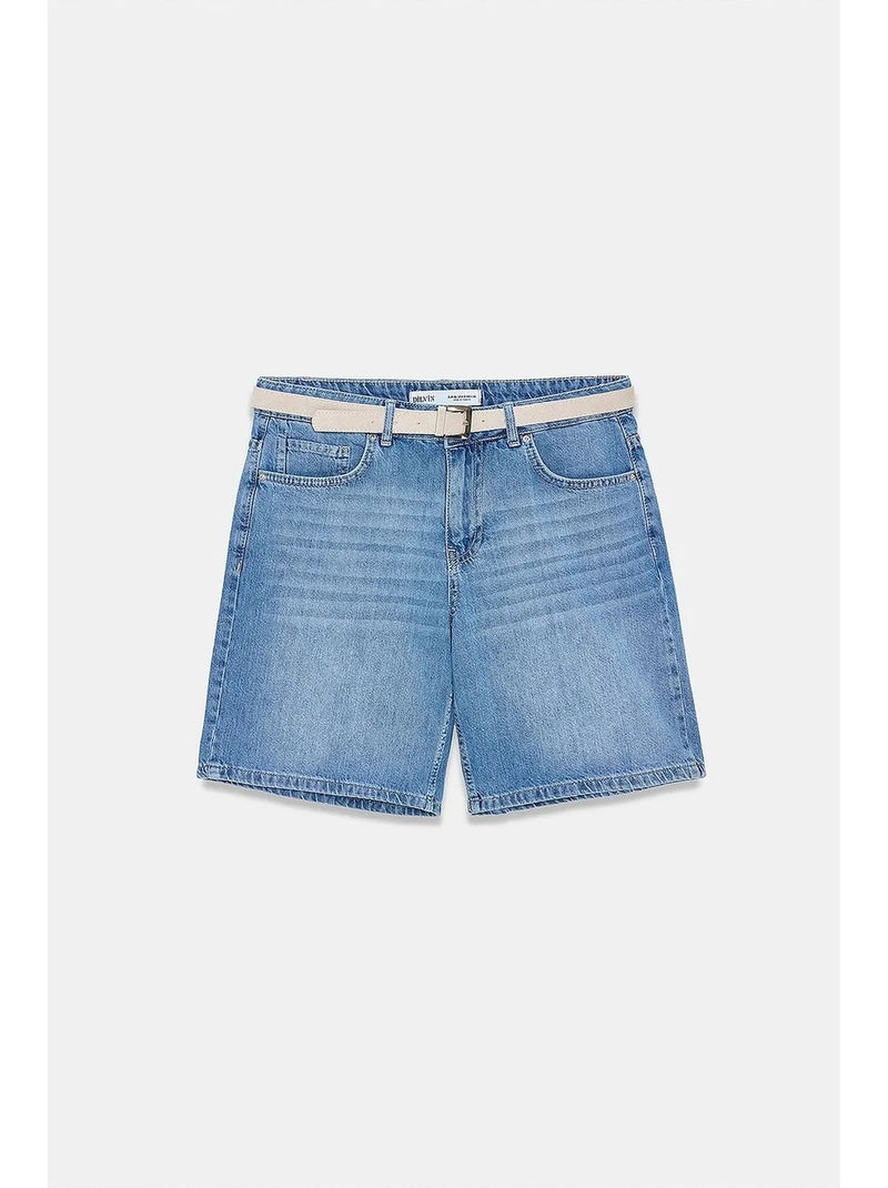 Shorts vaqueros de tiro alto y pernera ancha con cinturón dilvin Azul zafiro - Kiabi