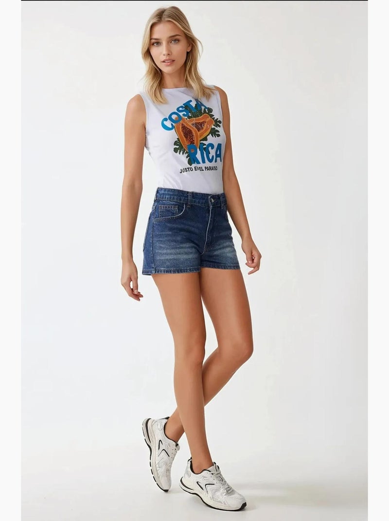 Shorts vaqueros desgastados de cintura alta hiccup Azul zafiro - Kiabi