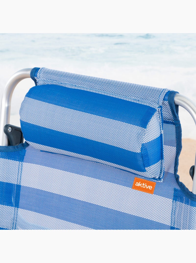 Silla de playa plegable y reclinable 8 posiciones c/cojín y asas mano aktive Azul Blanco - Kiabi