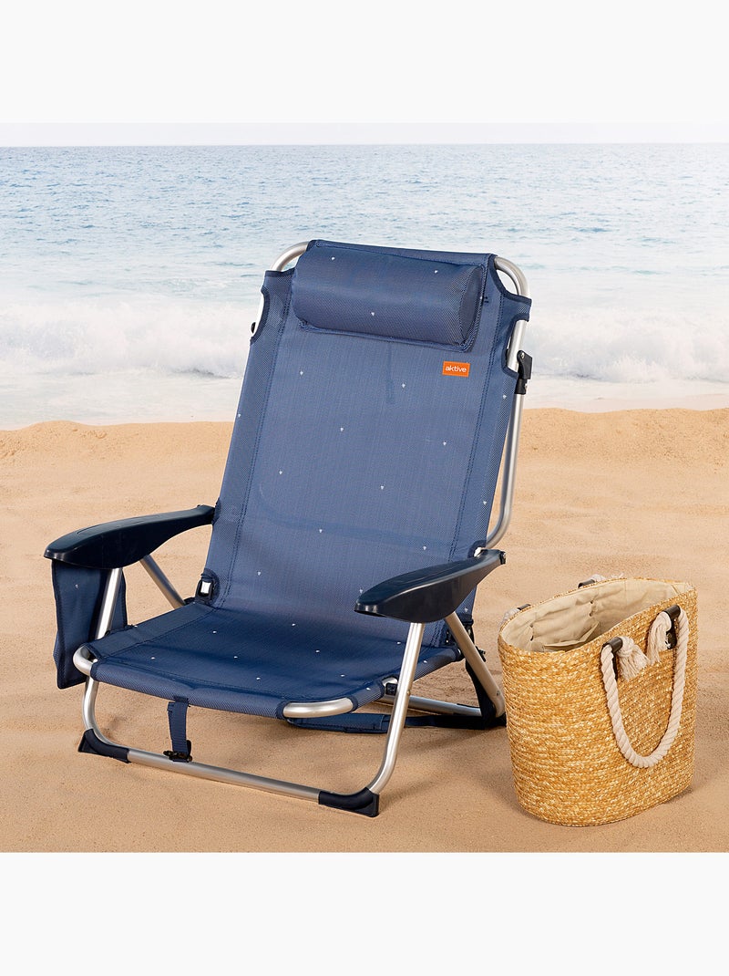 Silla de playa y tumbona baja antivuelco 4 posiciones c/cojín y bolsillo aktive Azul marino - Kiabi