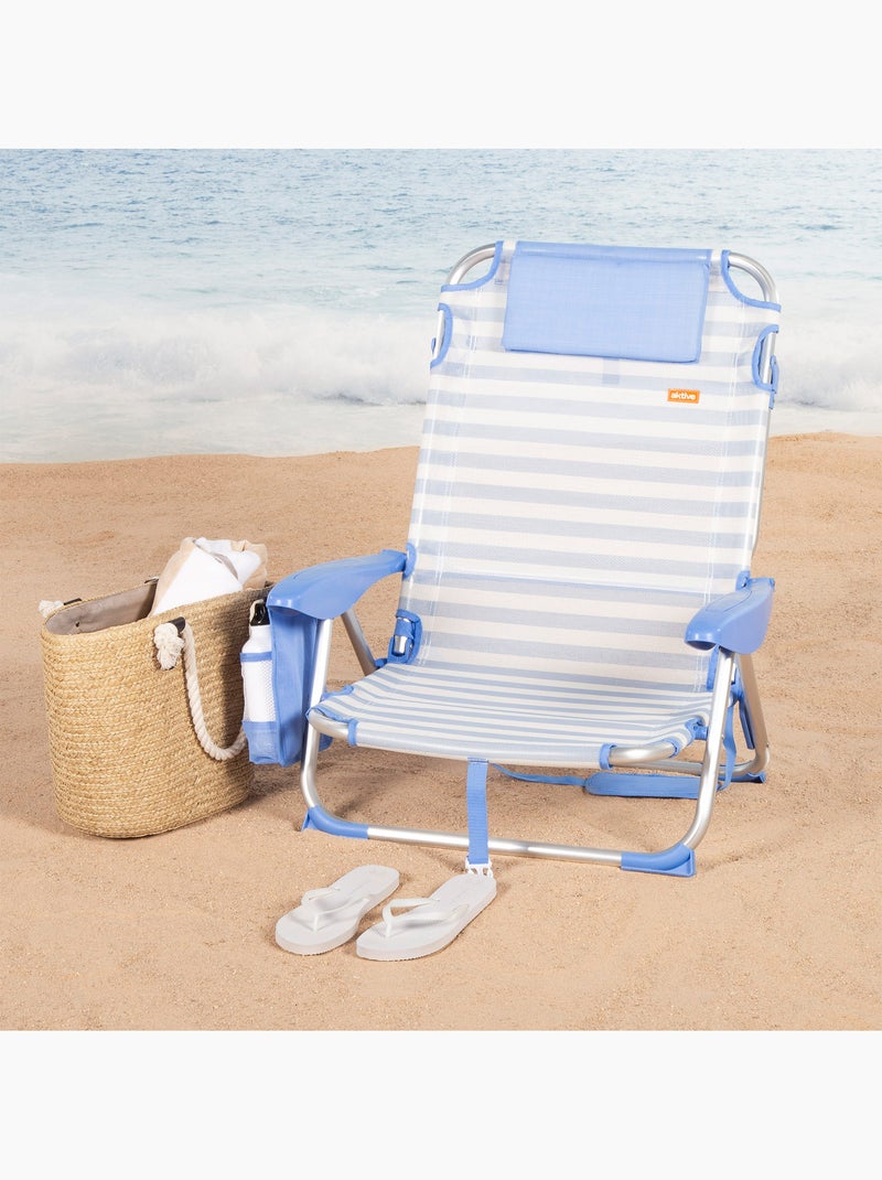 Silla playa baja multiposición 51x45x76 cm con bolsillos aktive Azul Blanco - Kiabi