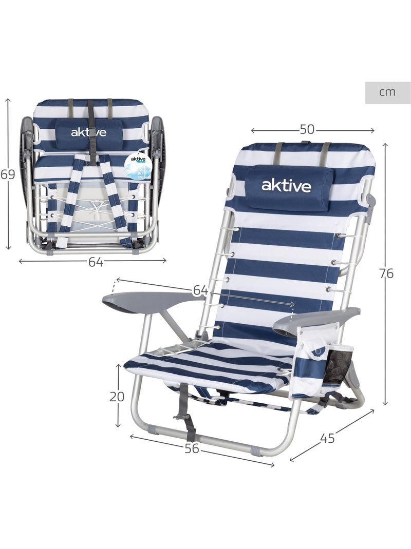 Silla playa plegable baja mochila 4 posiciones c/cojín y bolsillo aktive Azul Blanco - Kiabi