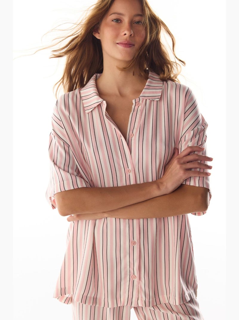 Sleep mode conjunto de pijama a rayas con camisa de manga corta y pantalón penti Rosa/Blanco - Kiabi
