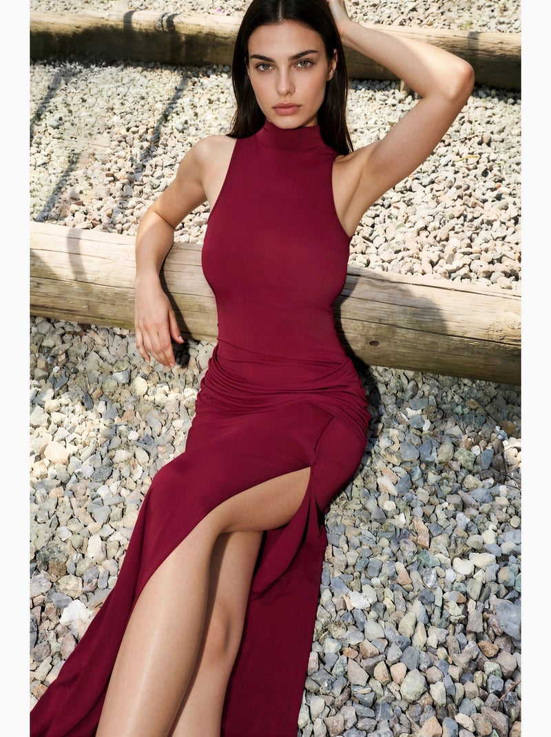 Slim fit half turtleneck maxi dress hiccup Rojo burdeos - Kiabi