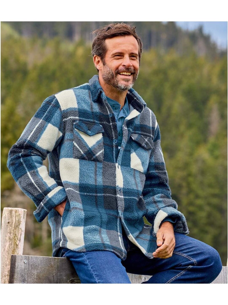 Sobrecamisa de cuadros de sherpa con cuello de puntas libres Blanco Azul marino - Kiabi