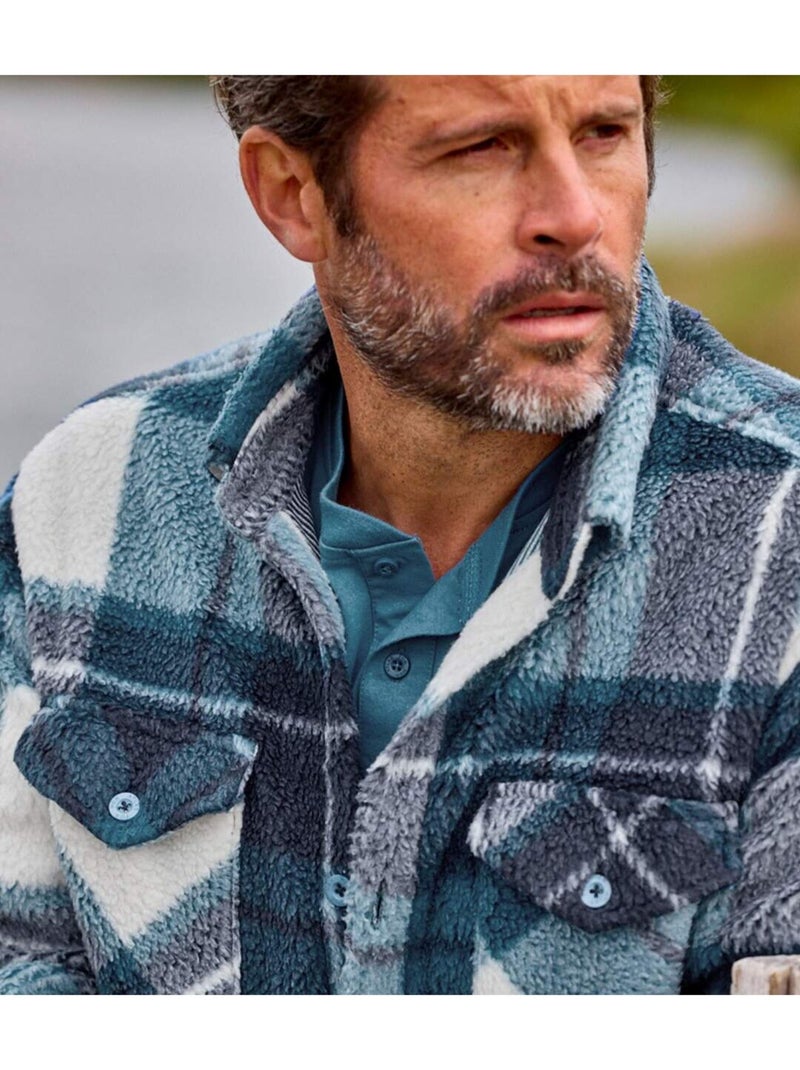 Sobrecamisa de cuadros de sherpa con cuello de puntas libres Blanco Azul marino - Kiabi