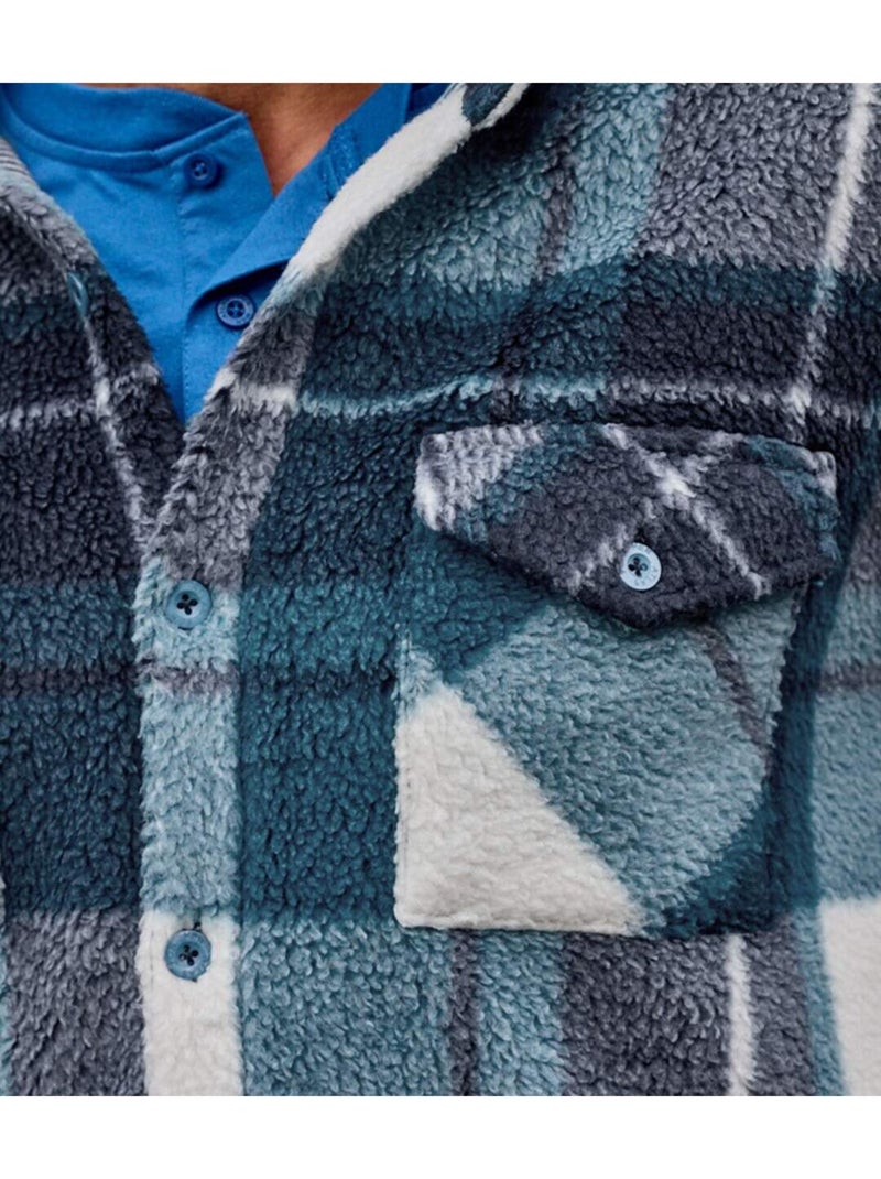Sobrecamisa de cuadros de sherpa con cuello de puntas libres Blanco Azul marino - Kiabi