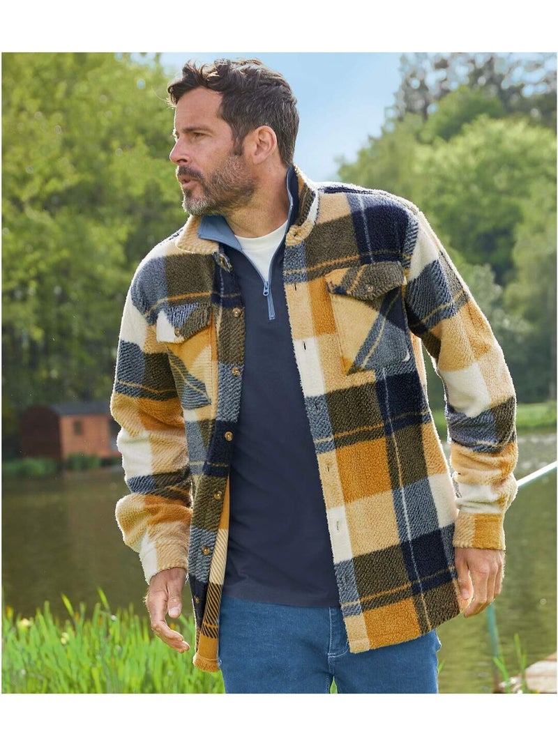 Sobrecamisa de cuadros de sherpa con cuello de puntas libres y 4 bolsillos Azul Amarillo Azul - Kiabi