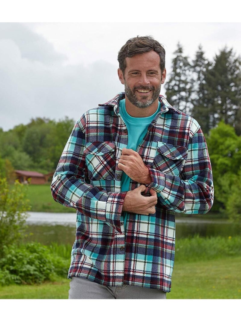 Sobrecamisa de forro polar a cuadros con cuello de puntas libres Azul burdeos - Kiabi